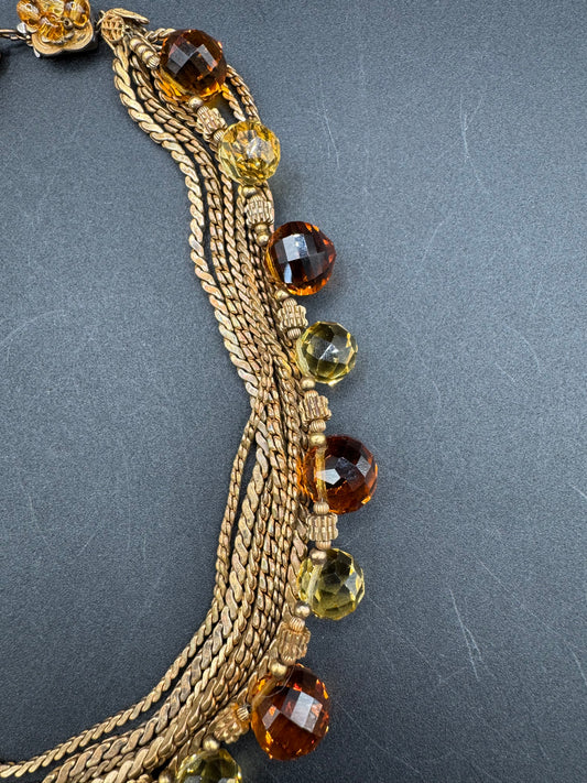 Unsigned Miriam Haskell? Multi Strand Amber Glass and Gold Tone Chain Necklace/Choker