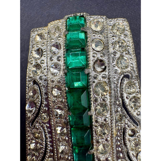 Antique 1930s Art Deco Emerald Green Glass Rhinestone Pot Metal Dress Clip