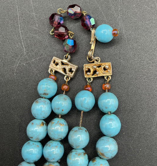 Hobe turquoise and AB purple necklace, double strand bracelet, and earrings set