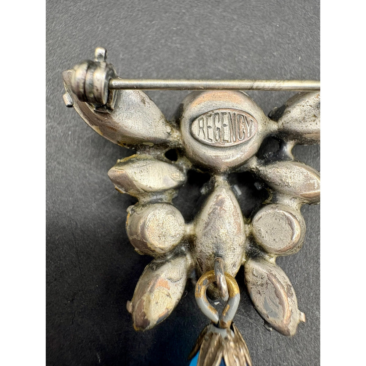 Vintage Signed Regency Blue AB Rhinestone Dangle Brooch