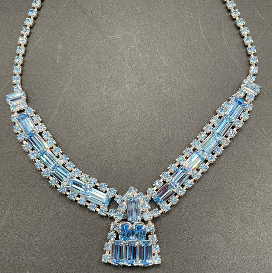 Unsigned 1950s Blue Rhinestone Necklace, Earrings, and Brooch Set