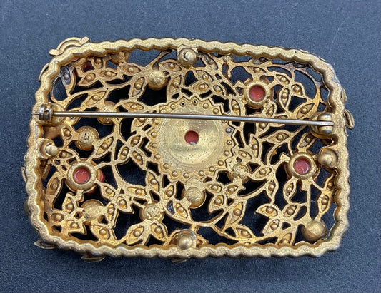 1930s Marcasite Pearl and Coral Celluloid Flower 1930s Gold Tone Brooch