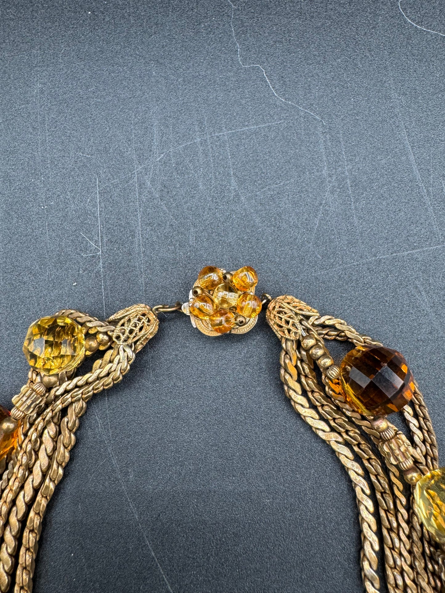 Unsigned Miriam Haskell? Multi Strand Amber Glass and Gold Tone Chain Necklace/Choker