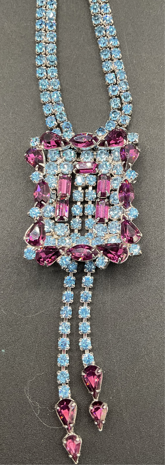 Vintage Unsigned blue and amethyst rhinestone necklace and earrings set