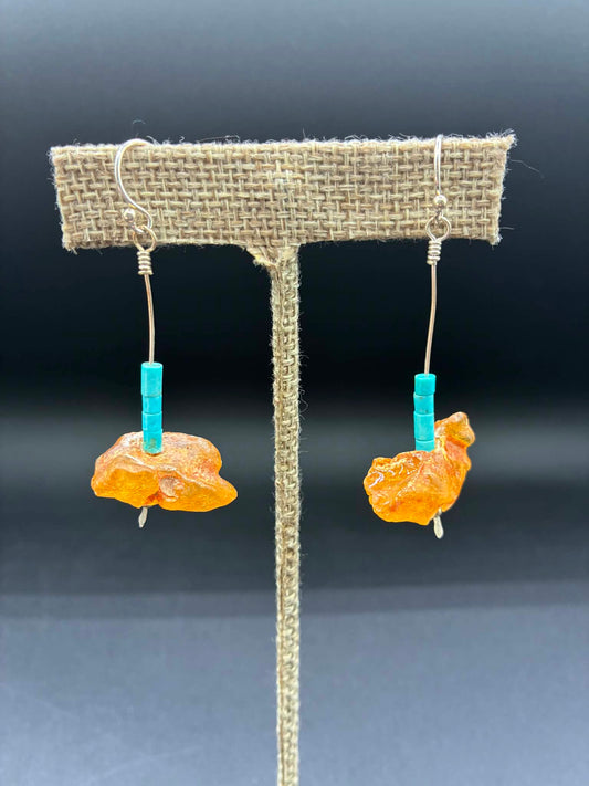 Long Amber And Turquoise Earrings.