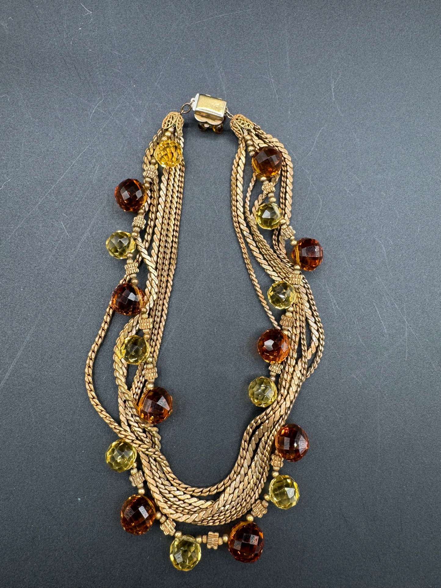 Unsigned Miriam Haskell? Multi Strand Amber Glass and Gold Tone Chain Necklace/Choker
