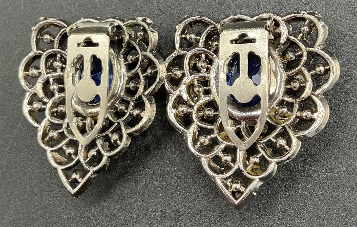 Art Deco Sliver Tone Marcasite Blue Glass Dress Clips