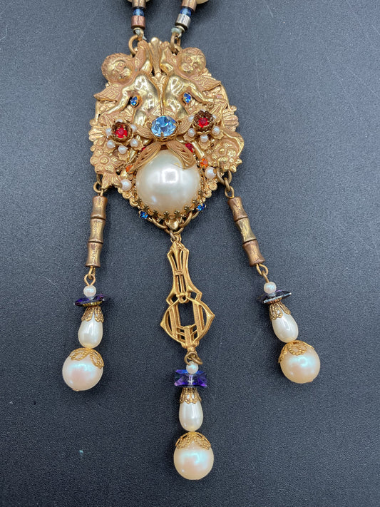 Rare Thelma Deutsch Pearl and Rhinestone Necklace with Cherub Pendant