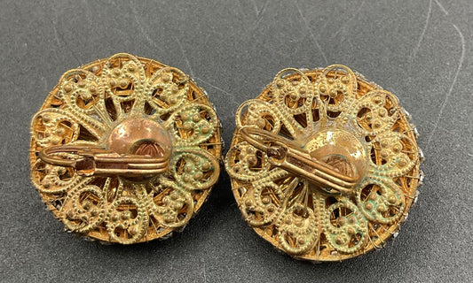 Vintage 1950s Pearl and Rhinestone Gold Tone Flower Clip Earrings