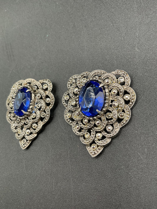 Art Deco Sliver Tone Marcasite Blue Glass Dress Clips
