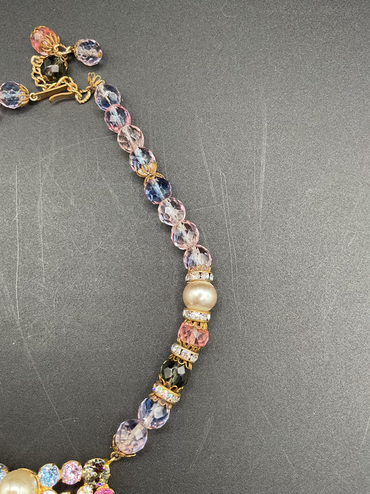 Unsigned Vintage Rhinestone and Bead Statement Necklace Hobe??