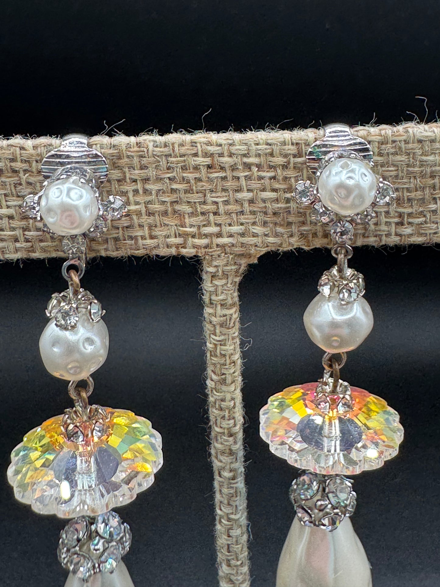 Vintage Pearl and AB Rhinestone Dangle Clip Earrings