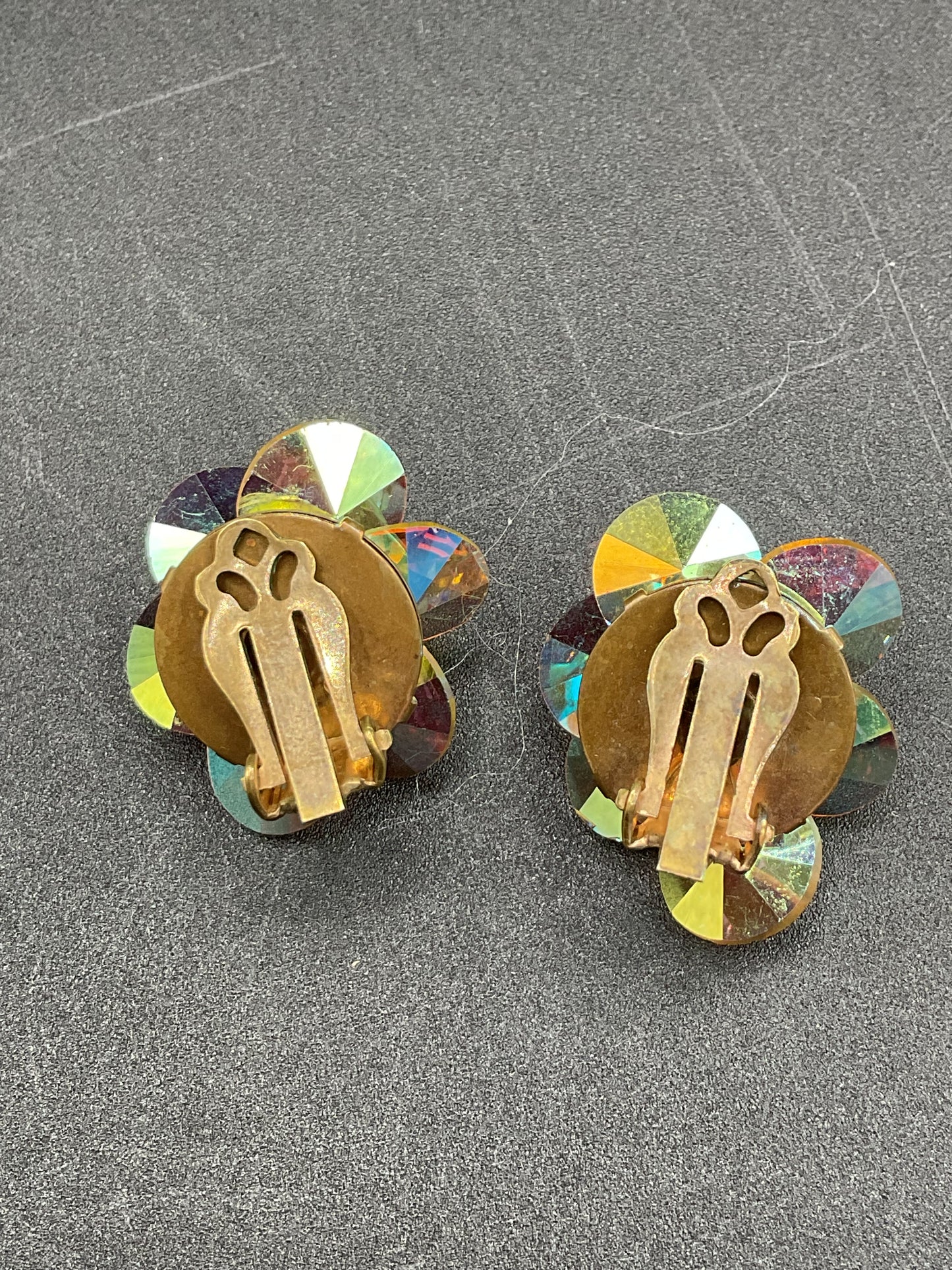 Chartreuse green faceted glass gem rhinestone AB pin and clip earring set vintage