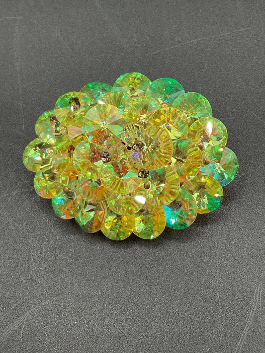 Chartreuse green faceted glass gem rhinestone AB pin and clip earring set vintage
