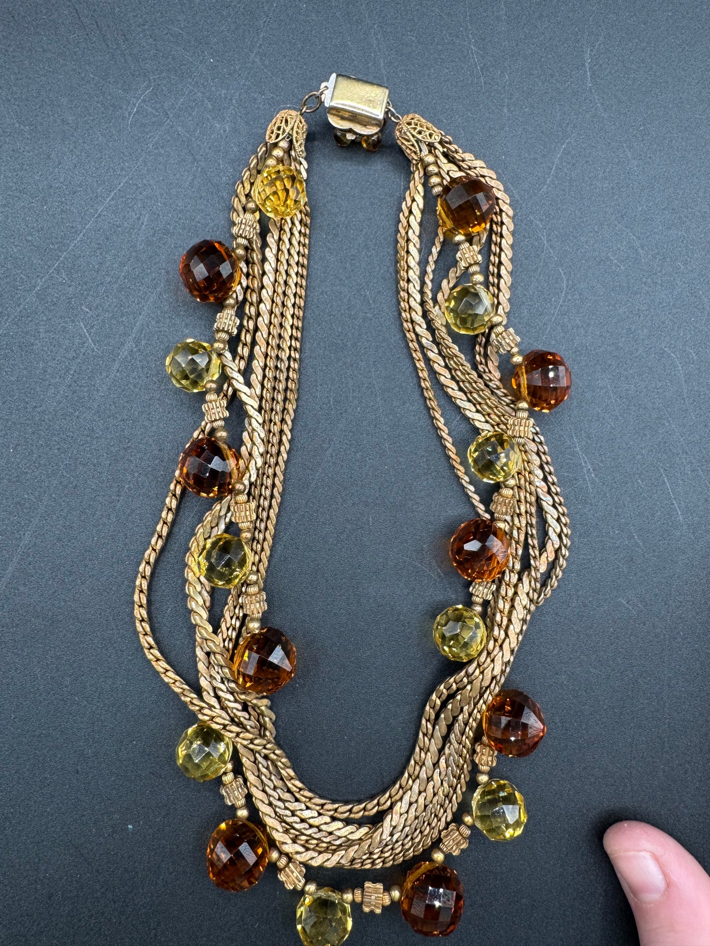 Unsigned Miriam Haskell? Multi Strand Amber Glass and Gold Tone Chain Necklace/Choker