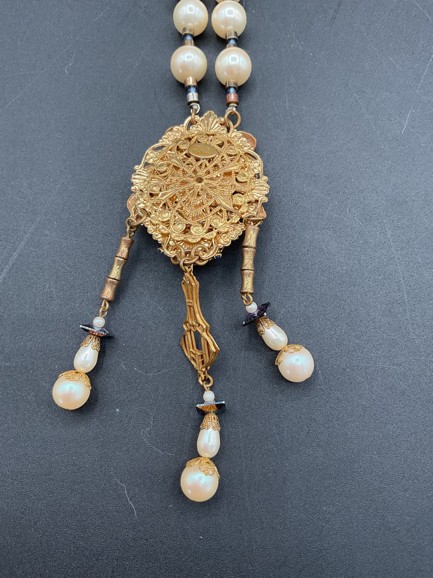 Rare Thelma Deutsch Pearl and Rhinestone Necklace with Cherub Pendant