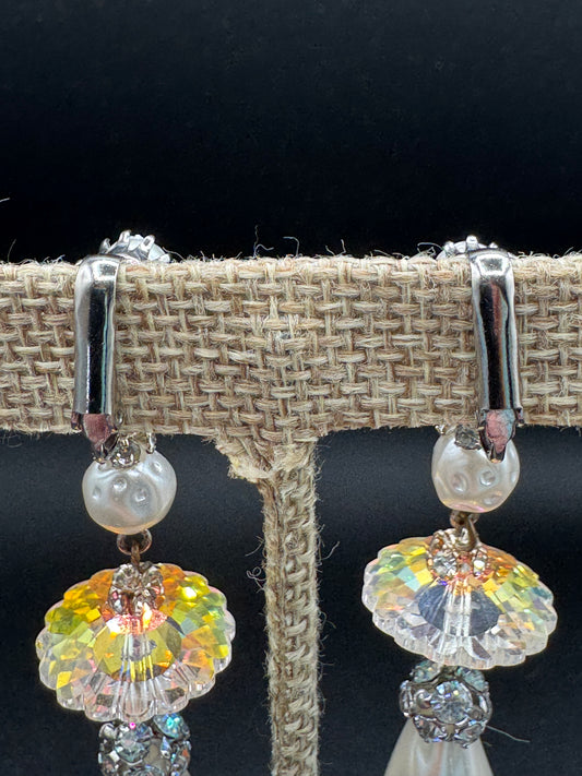 Vintage Pearl and AB Rhinestone Dangle Clip Earrings