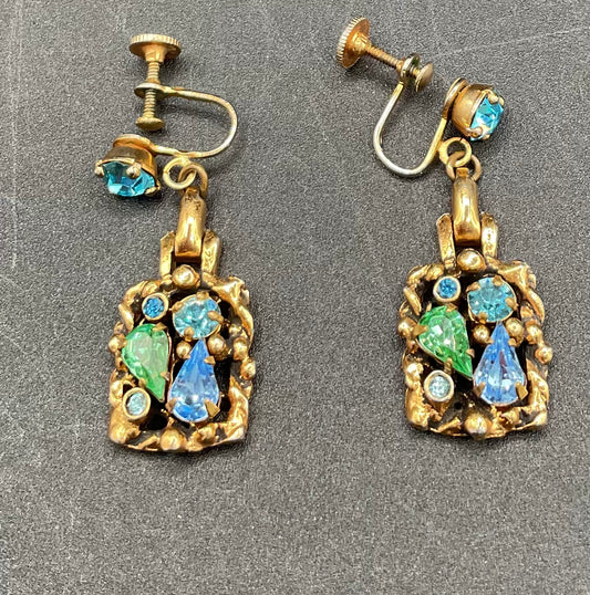 Unsigned Barclay Blue and Green Uranium Glass Brooch and Earring set