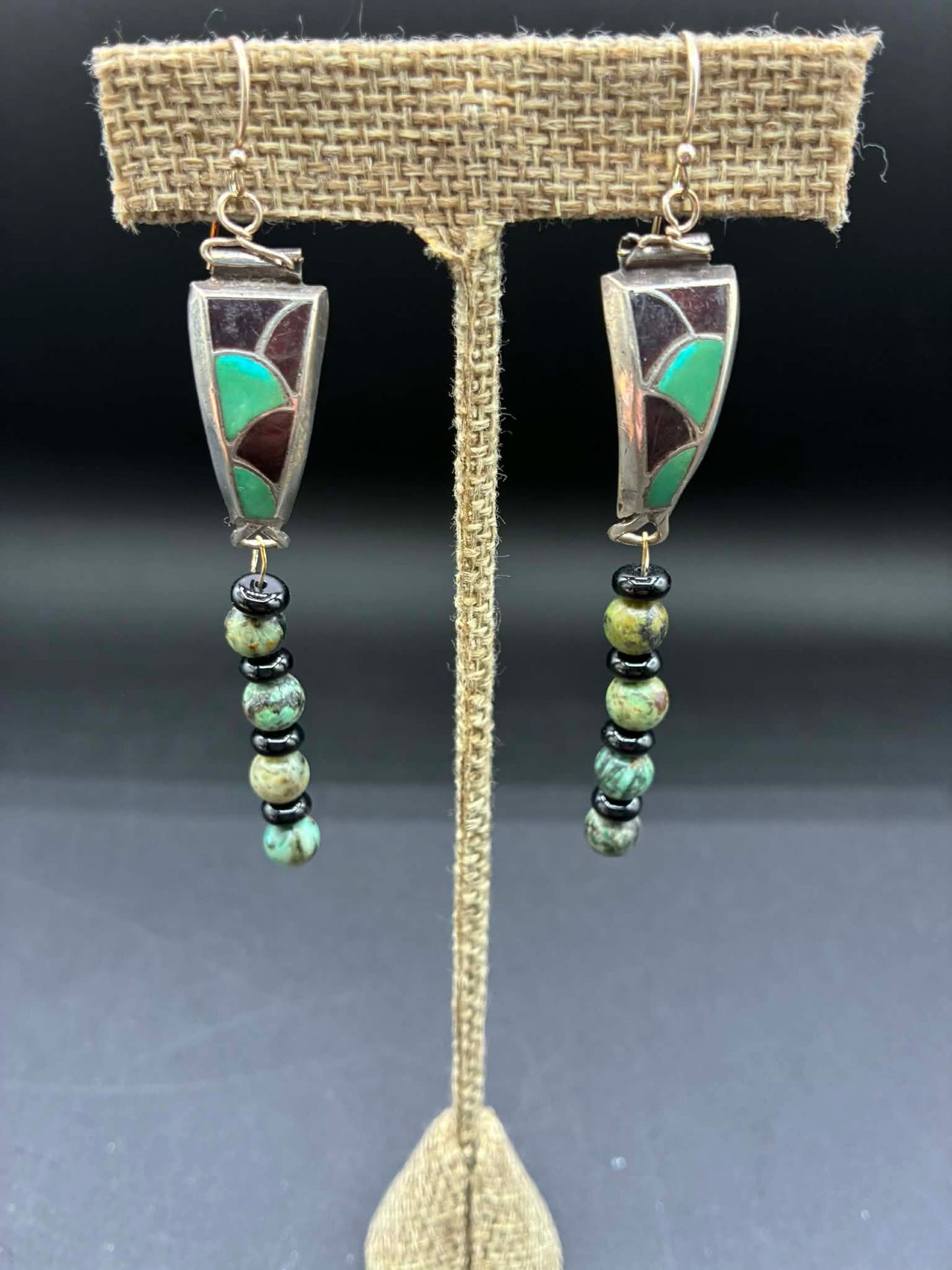 Turquoise And Black Onyx Inlay Native American Watch Tips With Turquoise And Black Onyx Dangles