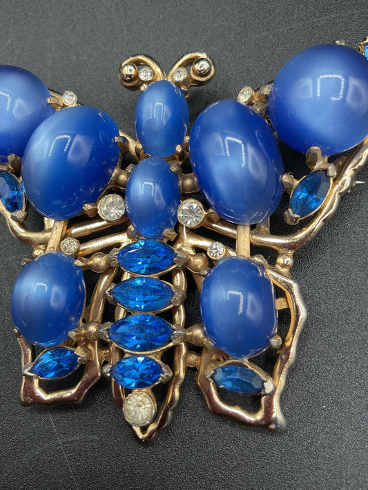 1940s Coro blue moon glow cabochon butterfly brooch-VERY RARE