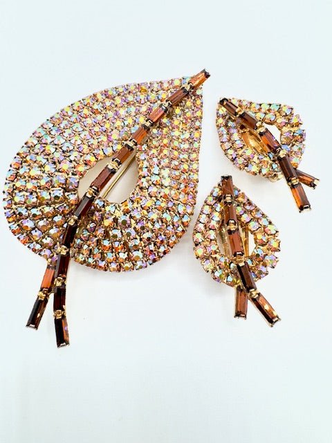 Aurora InternationalVintage 1960’s Austrian Crystal Topaz Aurora Borealis Leaf Brooch and Clip Earrings - Black Dog Vintage
