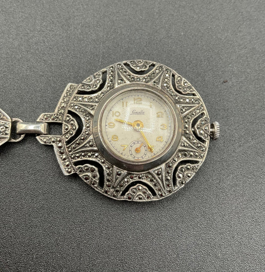 Black Dog VintageArt Deco Marcasite Sterling Silver Watch Brooch - Black Dog Vintage