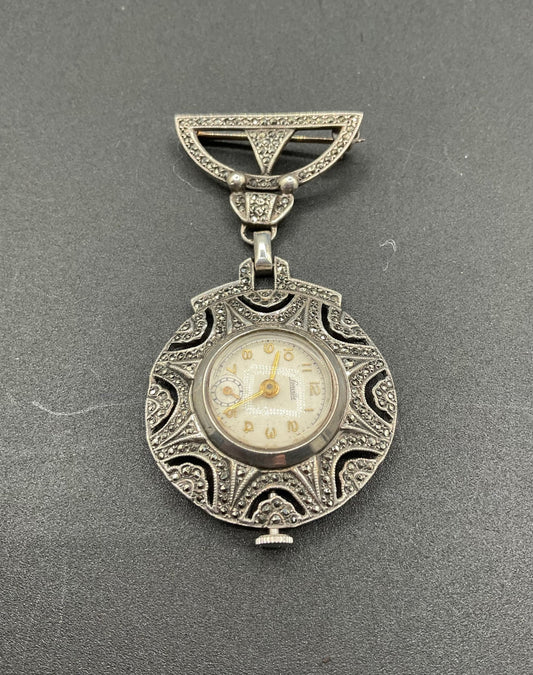 Black Dog VintageArt Deco Marcasite Sterling Silver Watch Brooch - Black Dog Vintage