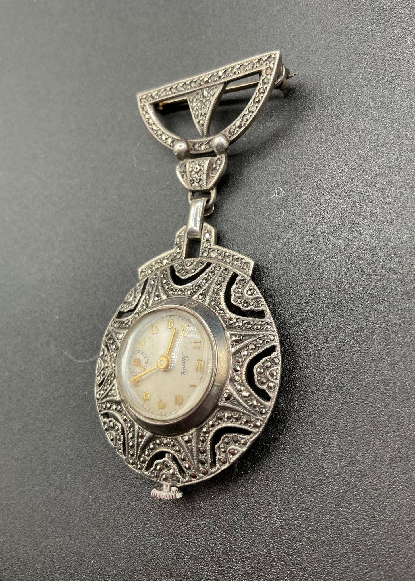 Black Dog VintageArt Deco Marcasite Sterling Silver Watch Brooch - Black Dog Vintage