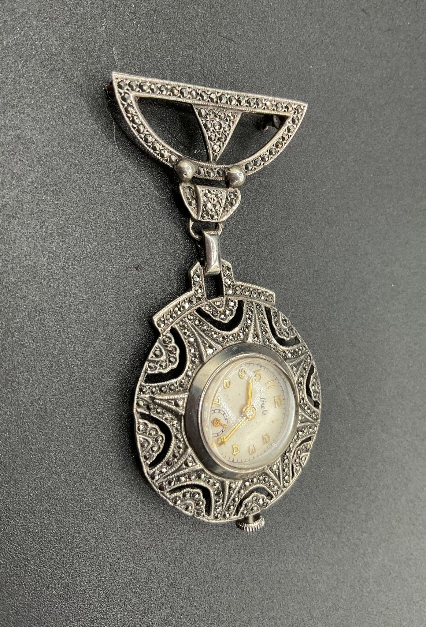 Black Dog VintageArt Deco Marcasite Sterling Silver Watch Brooch - Black Dog Vintage