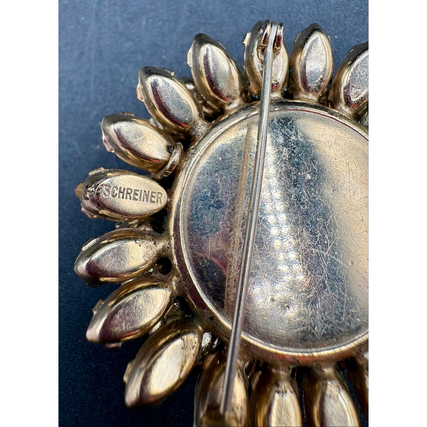 Vintage SCHREINER NY Brooch Rhinestone Pearl Cabochon Dimensional Signed 1.75”
