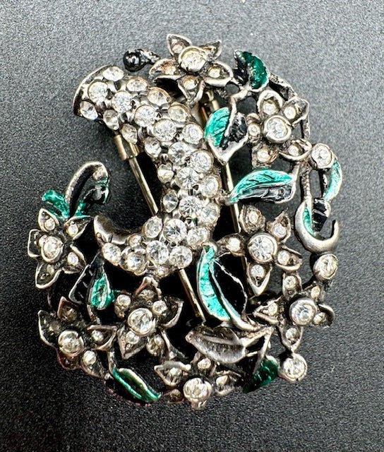 EisenbergEisenberg Original Sterling Silver Enamel Floral Rhinestone 1930’s Fur Clip Brooch RARE - Black Dog Vintage