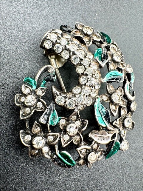 EisenbergEisenberg Original Sterling Silver Enamel Floral Rhinestone 1930’s Fur Clip Brooch RARE - Black Dog Vintage