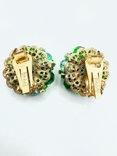 HobeHobe Double Strand Venetian Foiled Green Glass Necklace And Clip Earrings Set - Black Dog Vintage