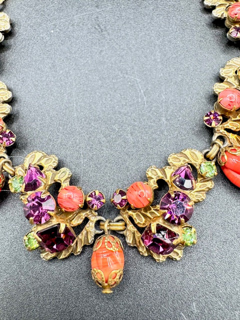 Vintage Unsigned Amethyst and Uranium Glass- Coral Glass - Gold Tone Necklace and Earring set