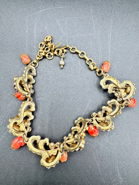 Vintage Unsigned Amethyst and Uranium Glass- Coral Glass - Gold Tone Necklace and Earring set