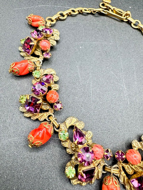 Vintage Unsigned Amethyst and Uranium Glass- Coral Glass - Gold Tone Necklace and Earring set