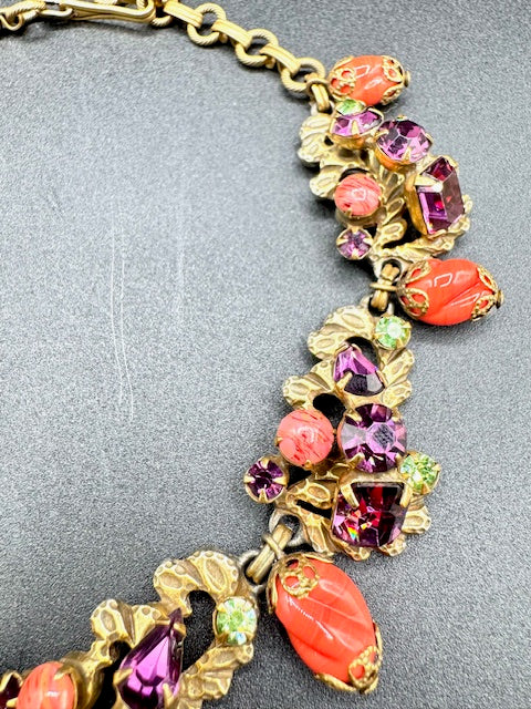 Vintage Unsigned Amethyst and Uranium Glass- Coral Glass - Gold Tone Necklace and Earring set