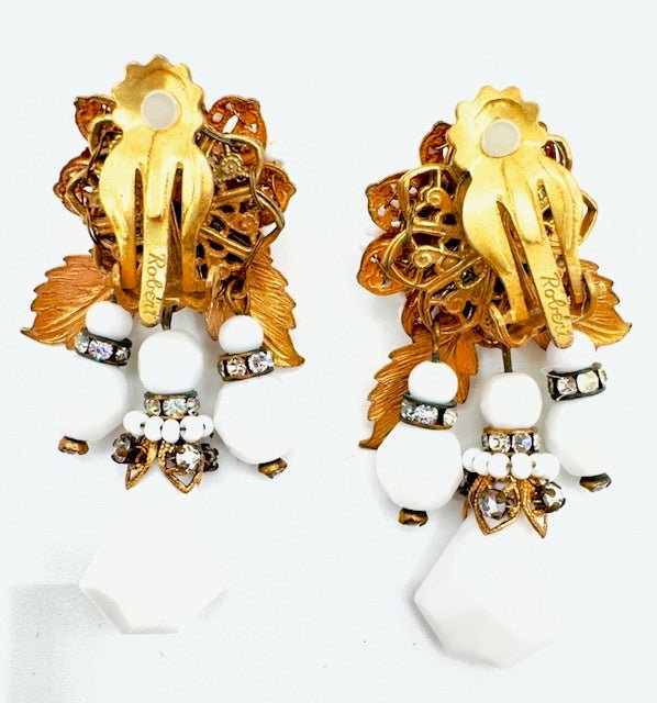 RobertOriginal By Robert Vintage Milk Glass And Crystal Clip On Dangle Earrings W/ Gold Leaves - Black Dog Vintage