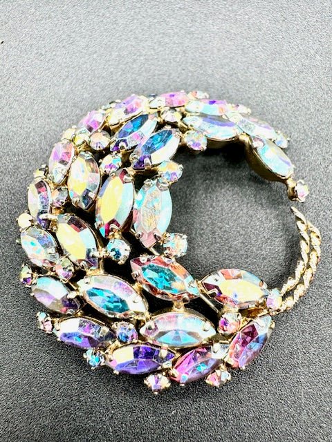 ShermanSherman Aurora Borealis AB Crescent Moon Brooch and Earrings Set - Vintage Pin Set - Black Dog Vintage