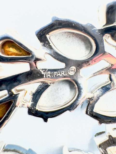 TrifariCrown Trifari Alfred Phillipe Fruit Salad Carved Moonglow Leaf Silver Blue Swag Brooch - Black Dog Vintage