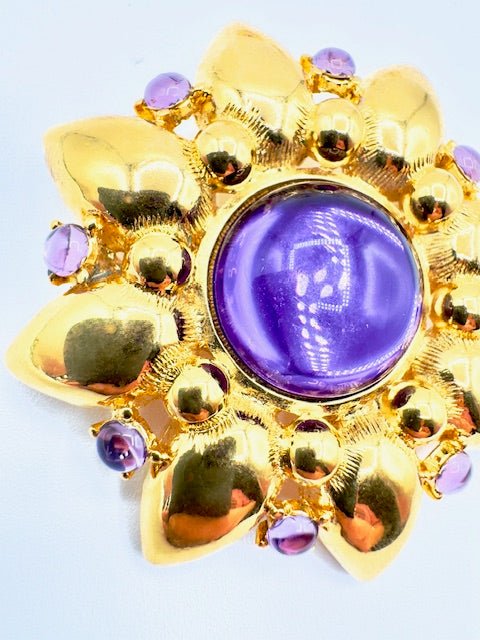 TrifariVintage Trifari TM Amethyst Glass Cabochon Gold Tone Flower Brooch and Clip Earrings Set - Black Dog Vintage