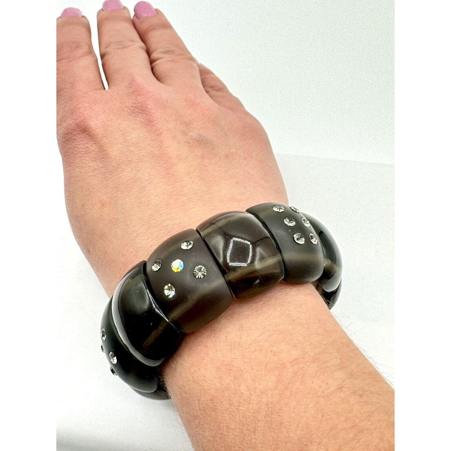 UnbrandedVintage Smokey Grey Stretchy Lucite Bracelet With Embedded Rhinestones - Black Dog Vintage