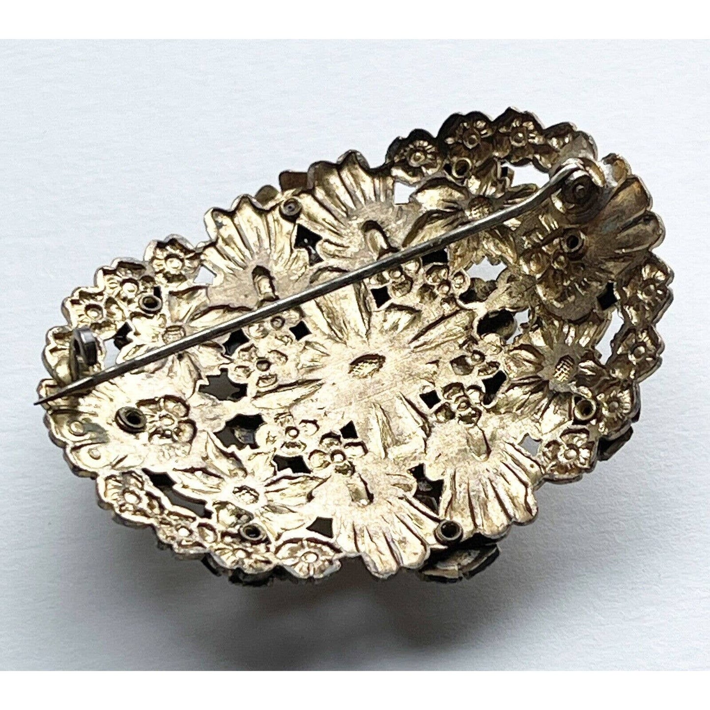 Antique RivetVintage 1920’s Art Nouveau Floral Gold Tone And Marcasite Layered Oval Brooch - Black Dog Vintage