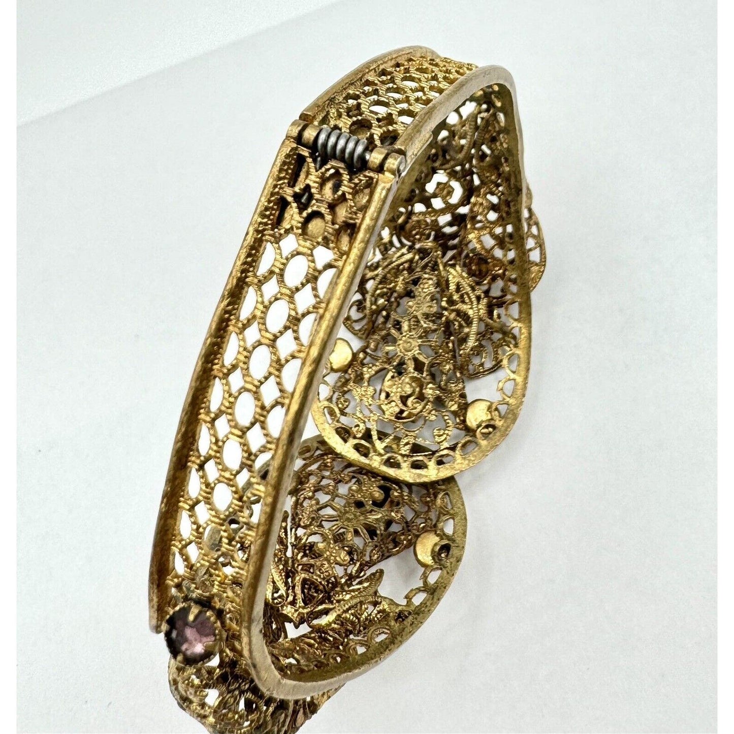 CzechVintage Art Deco Czech Glass Art Nouveau Folded Filigree Hinge Clamper Bracelet - Black Dog Vintage