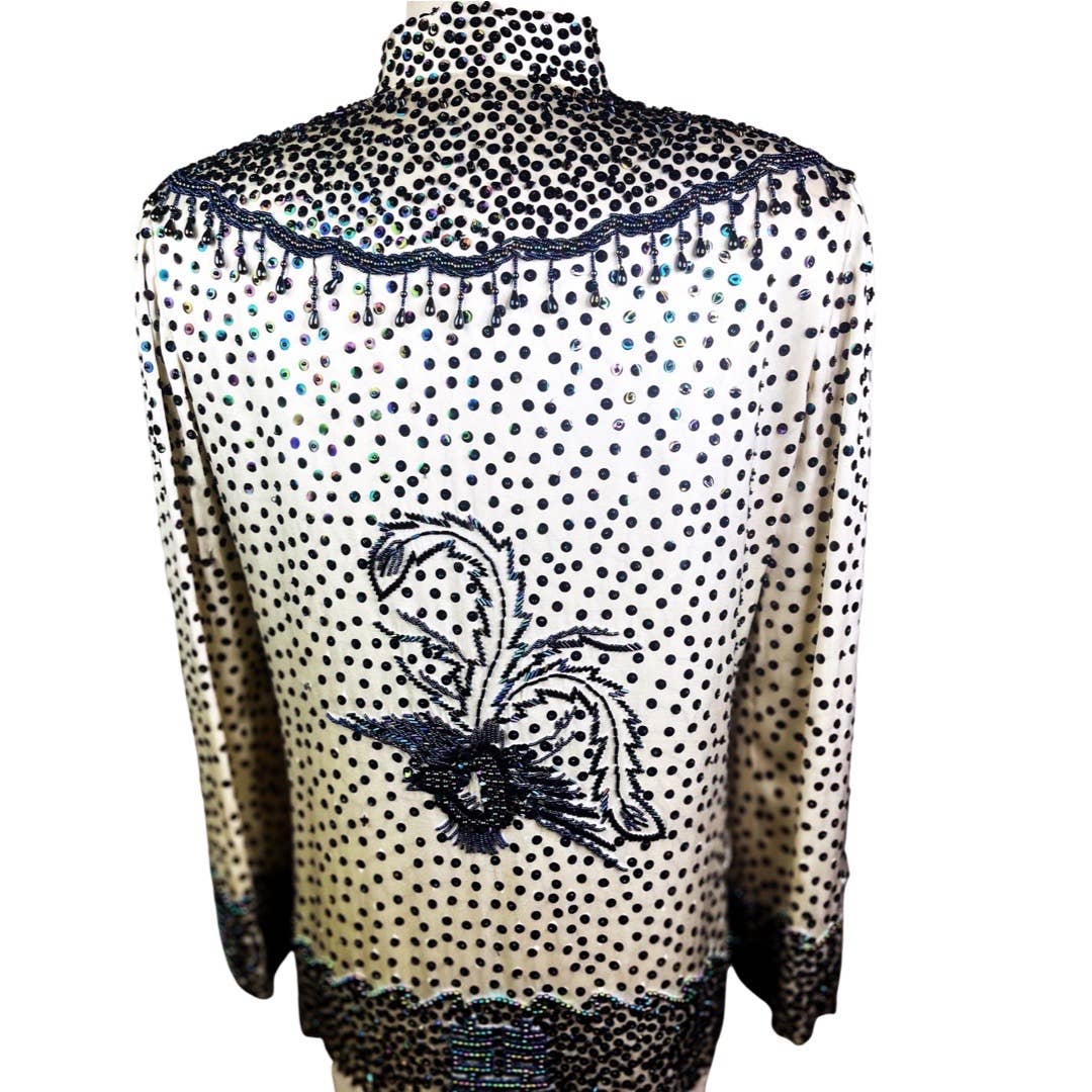 Jenny LewisJenny Lewis Silk Jacket Embroidered Beaded and Sequined In Iridescent Deep Blue - Black Dog Vintage