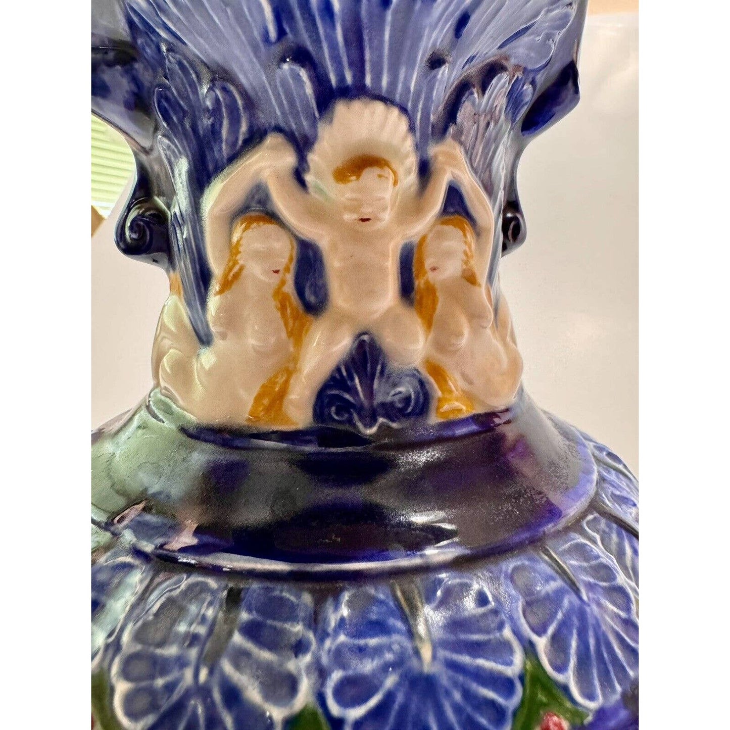 MajolicaCherub Mermaid Merman Majolica Style Ceramic Vintage Pitcher Signed See Photos - Black Dog Vintage