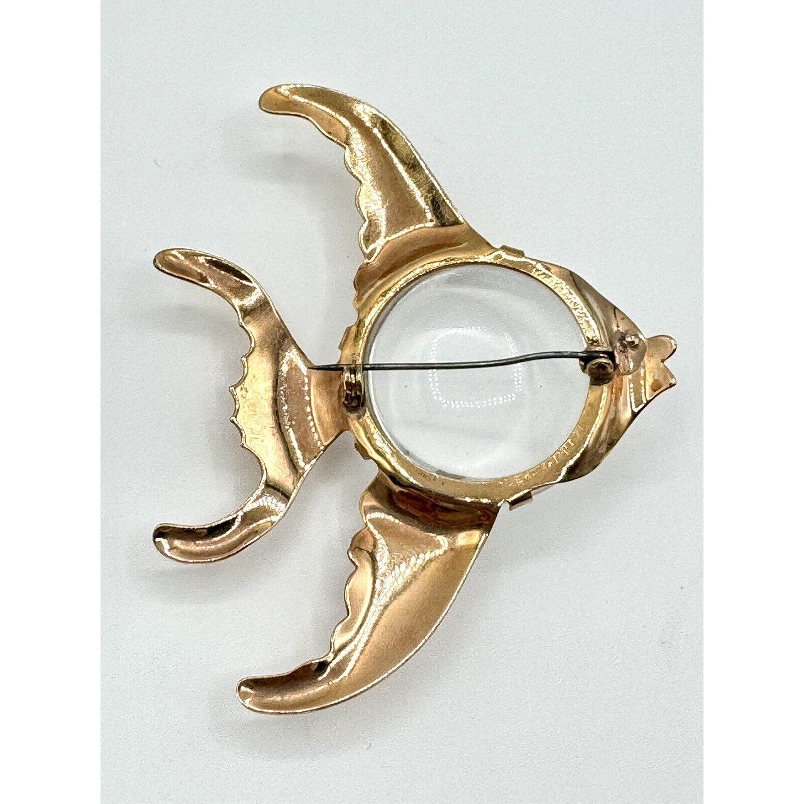 UnbrandedVintage 1940’s Jelly Belly Angel Fish Brooch Pin Gold Tone Blue Rhinestone Eye - Black Dog Vintage