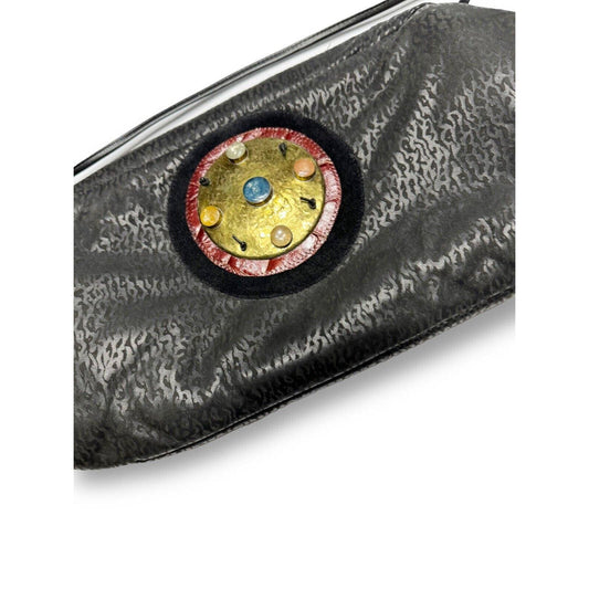 UnbrandedVintage Textured Leather OOAK Black Shoulder Bag Brass And Glass Embellishment - Black Dog Vintage