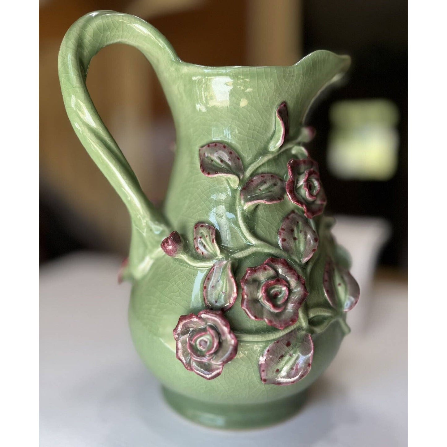 UnknownLarge Crackle Glazed Ceramic Green And Pink Floral Decorative Pitcher - Black Dog Vintage