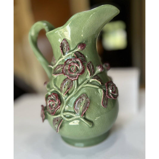 UnknownLarge Crackle Glazed Ceramic Green And Pink Floral Decorative Pitcher - Black Dog Vintage
